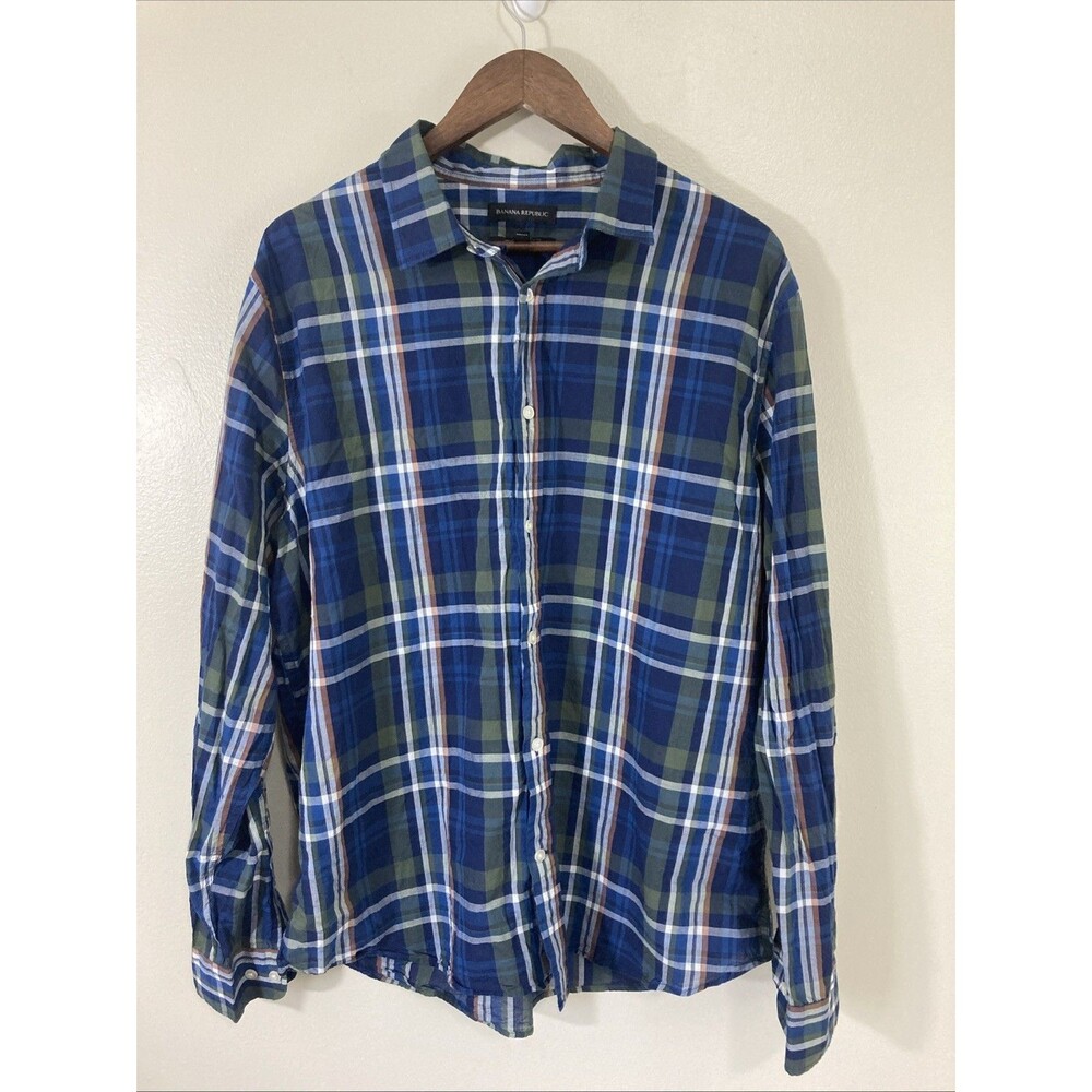 Banana Republic Shirt Mens XL Blue Plaid Standardfit Untucked Button Up Long Slv